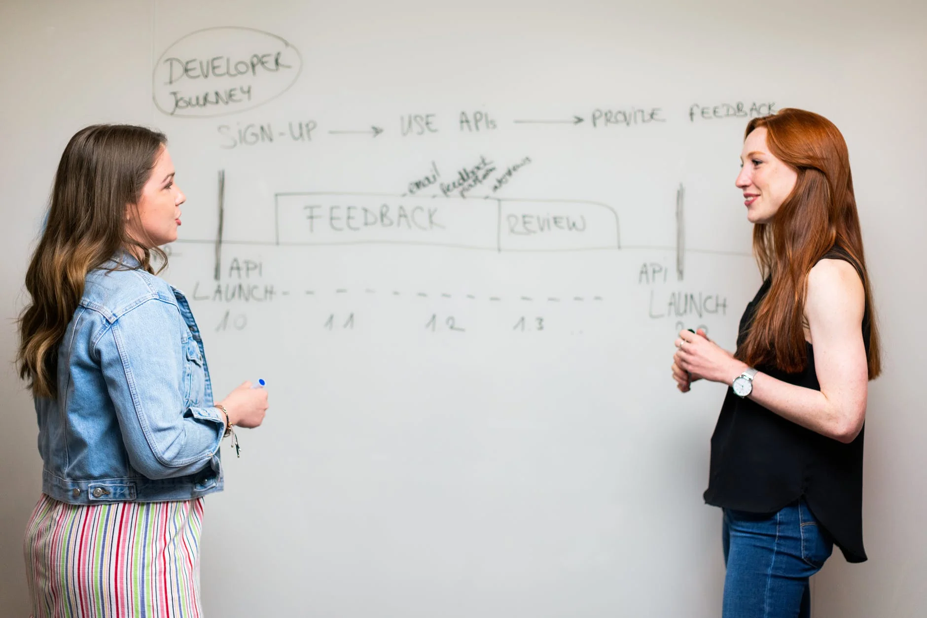 photo of women talking beside whiteboard